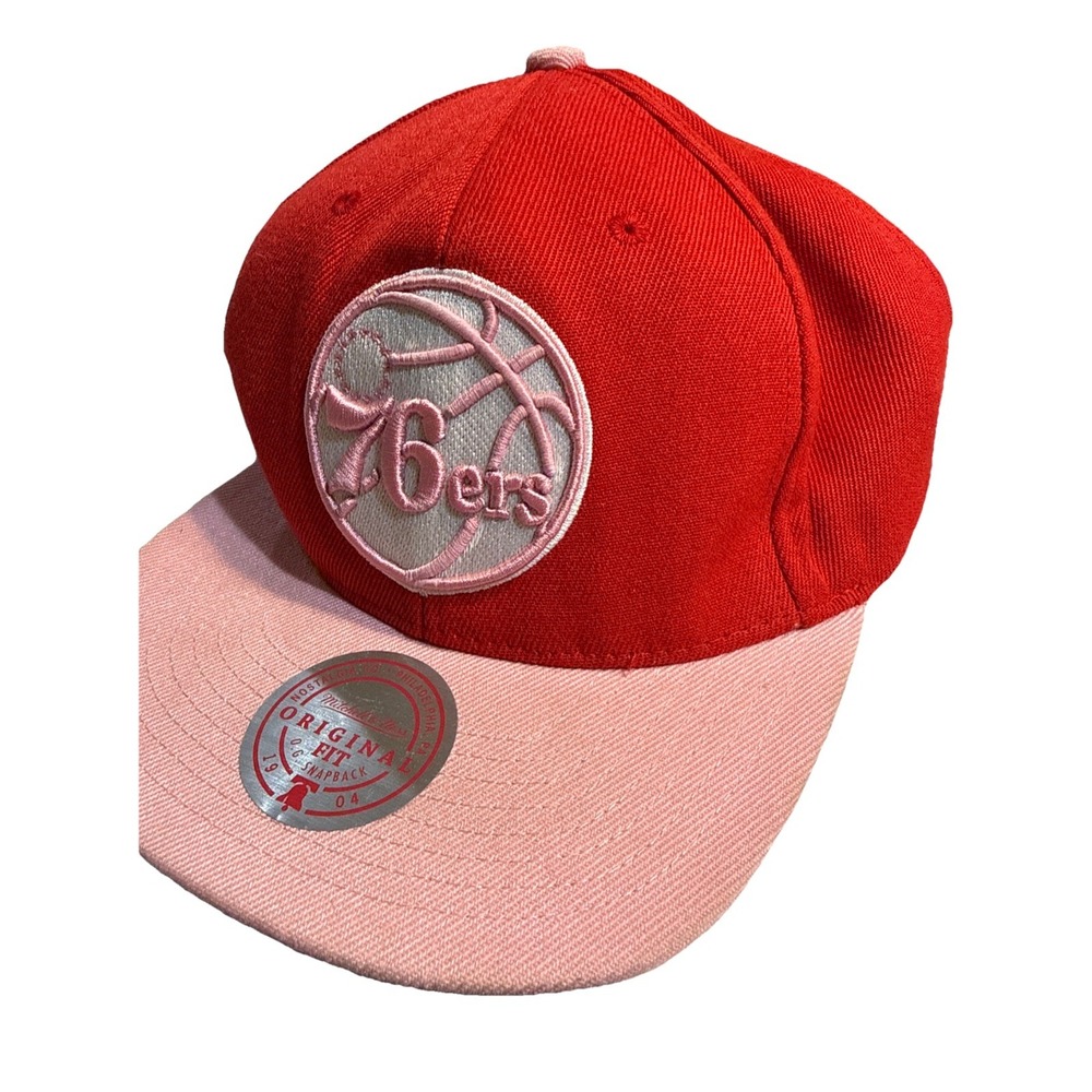 Rare Mitchell & Ness Philadelphia 76ers Pink Red Snapback Hat NBA Adjustable